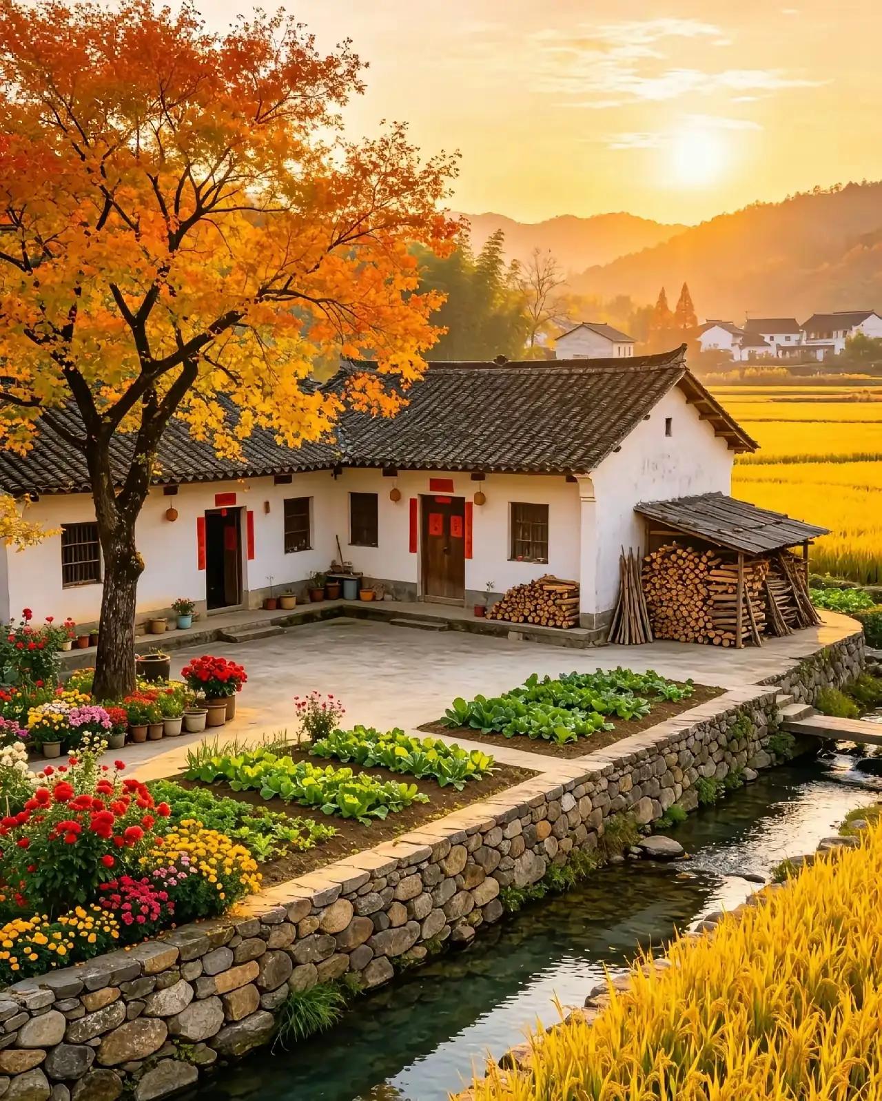 上联：夕照流金铺小院，下联：晨曦露白洒大地。此下联与上联意境相契，尽显自然之美