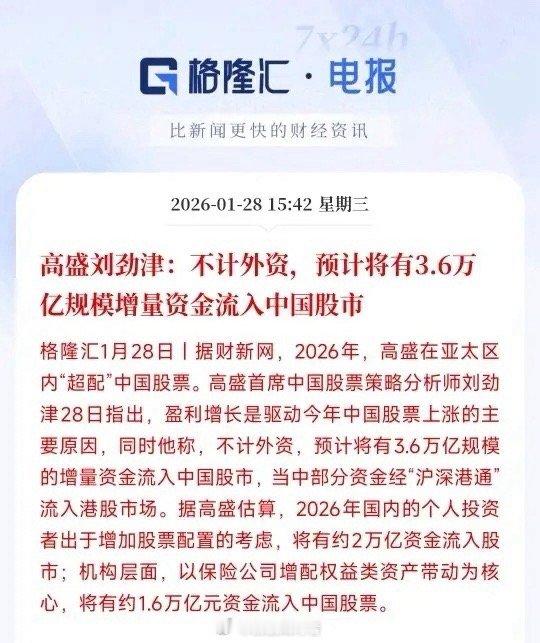 国外大型机构对中国股市的资金动向给出了积极预判：高盛明确表示，中国资产在2026