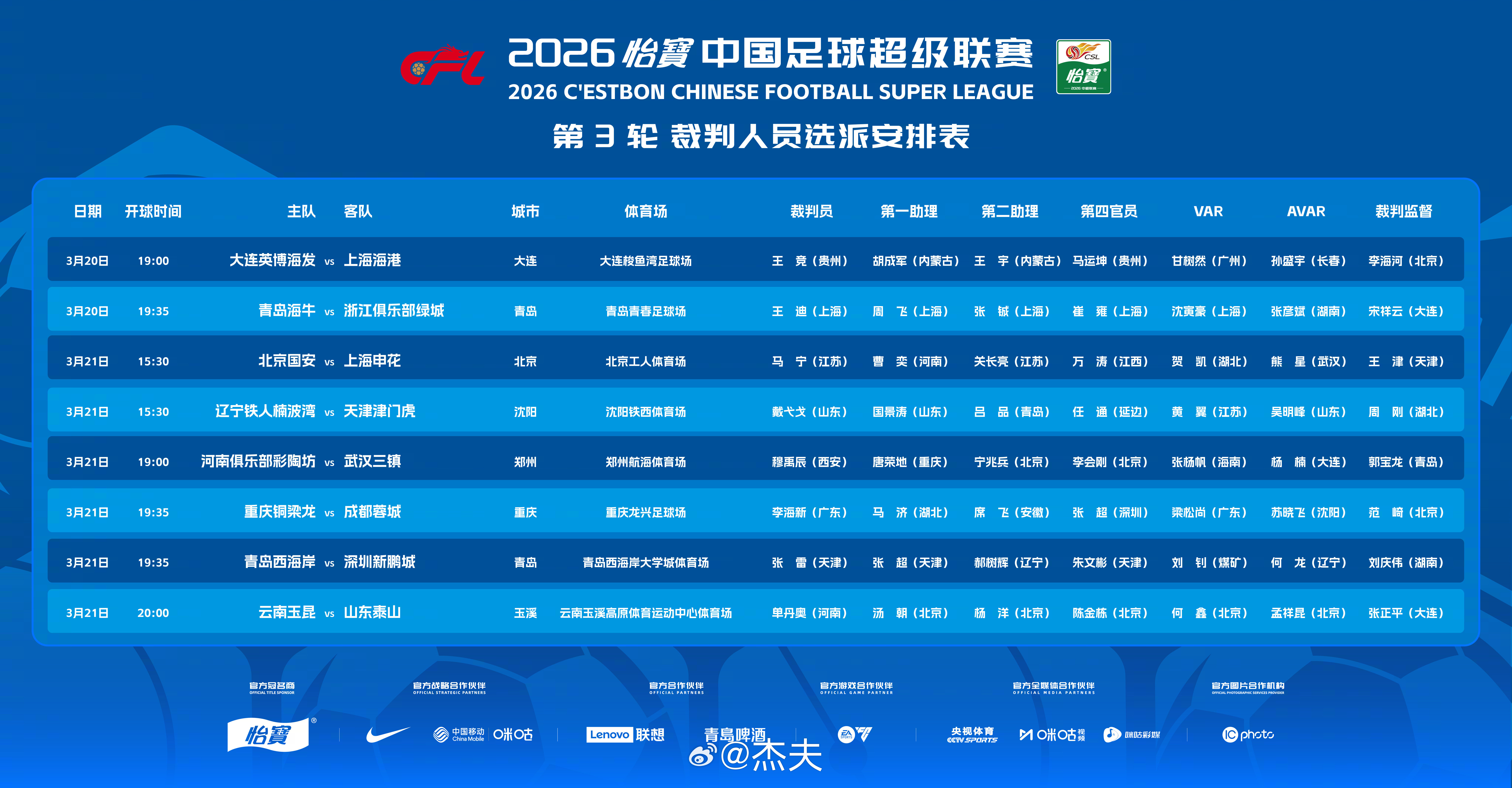 2026中超联赛第3轮，足协裁判指派情况出炉：重庆铜梁龙vs成都蓉城主裁判：李