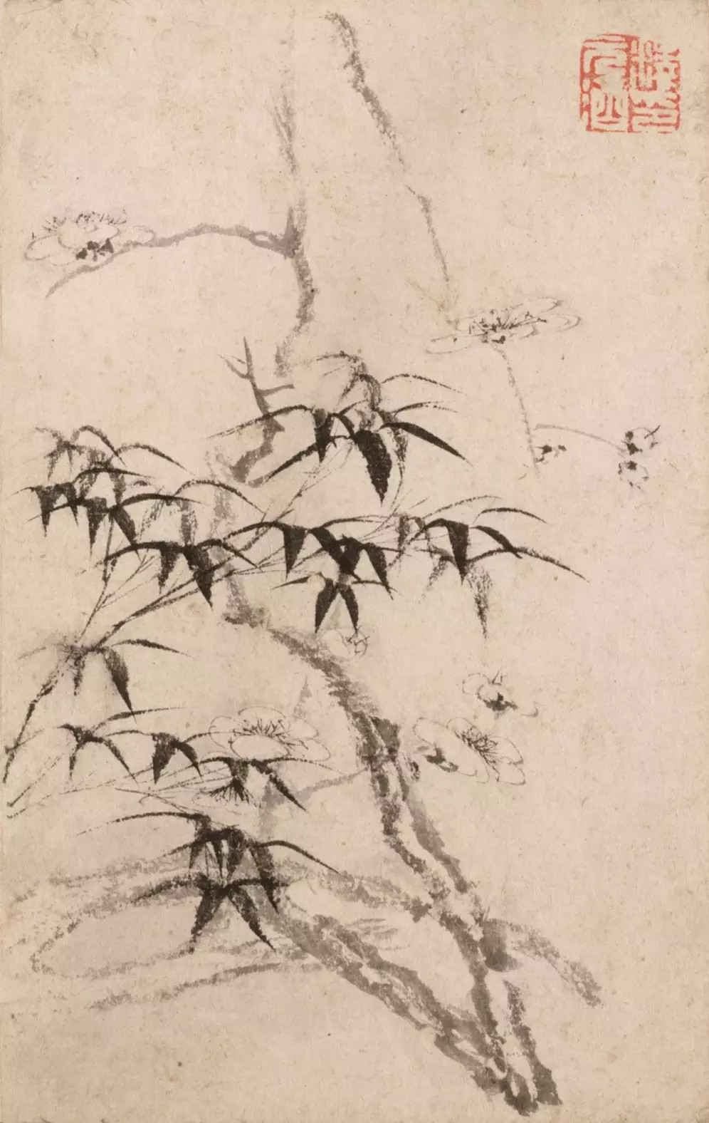 石涛的山水画，早期受梅清的影响，景物奇秀，用笔方折居多，皴法纠结，景色苍浑。这就