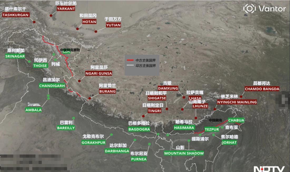 中印边境机场示意图！大家可以看到，中印边境的机场数量，其实大致相等，但是总体而