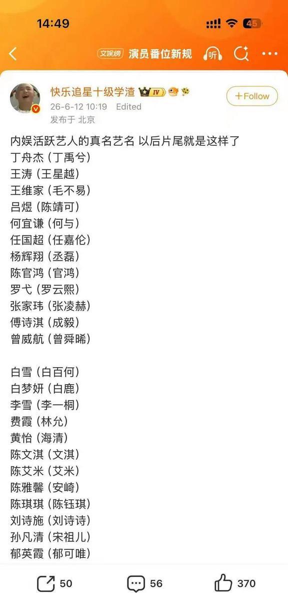 艺人真名盘点。何与和宋祖儿的原名都很好听哎！尤其是宋祖儿的原名，自带一种古代某朝