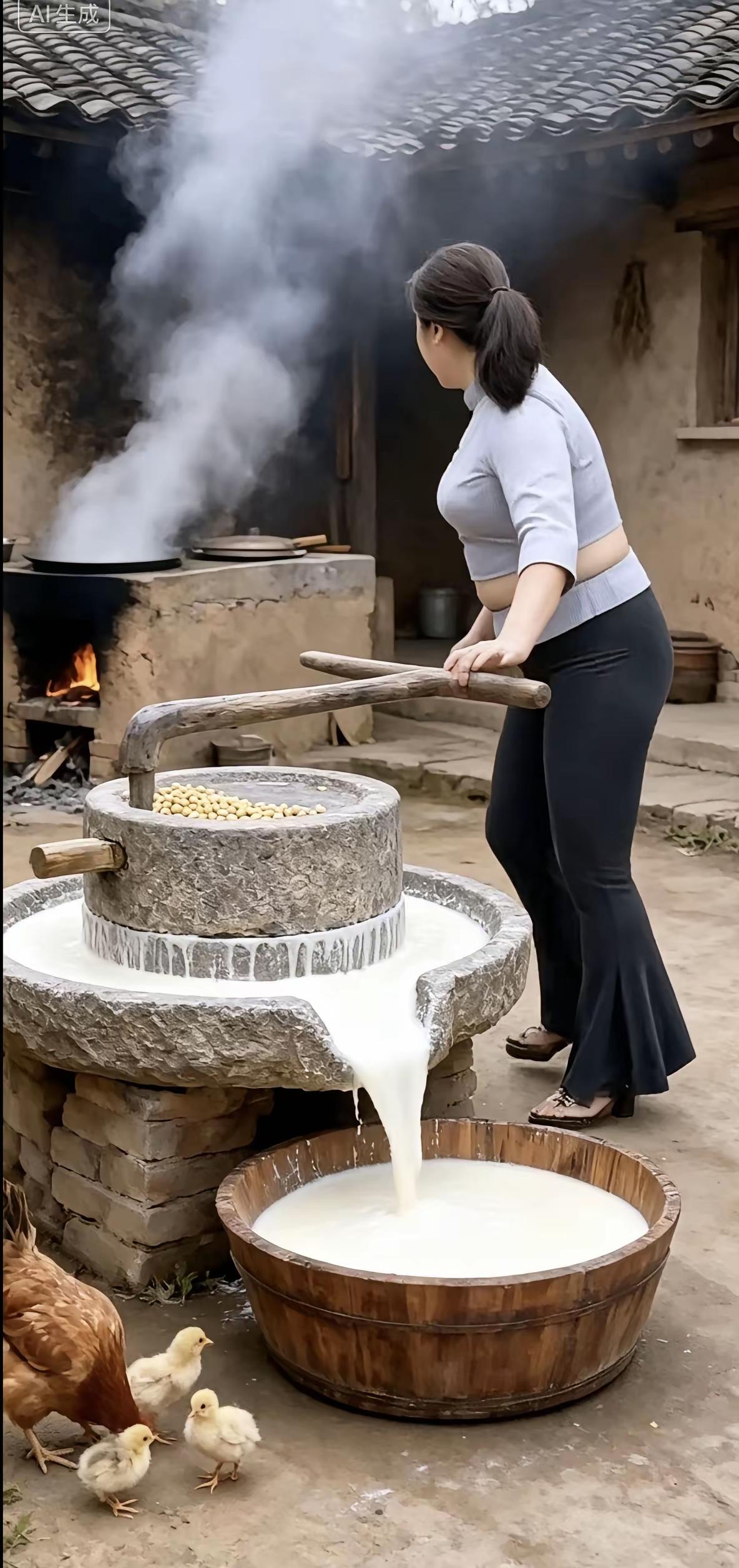农家小院里，女人在挤牛奶。