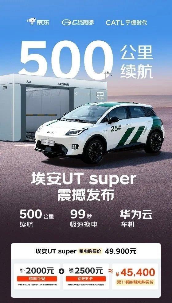 日前，京东联合广汽集团、宁德时代正式发布了“国民好车”埃安UTsuper，该车