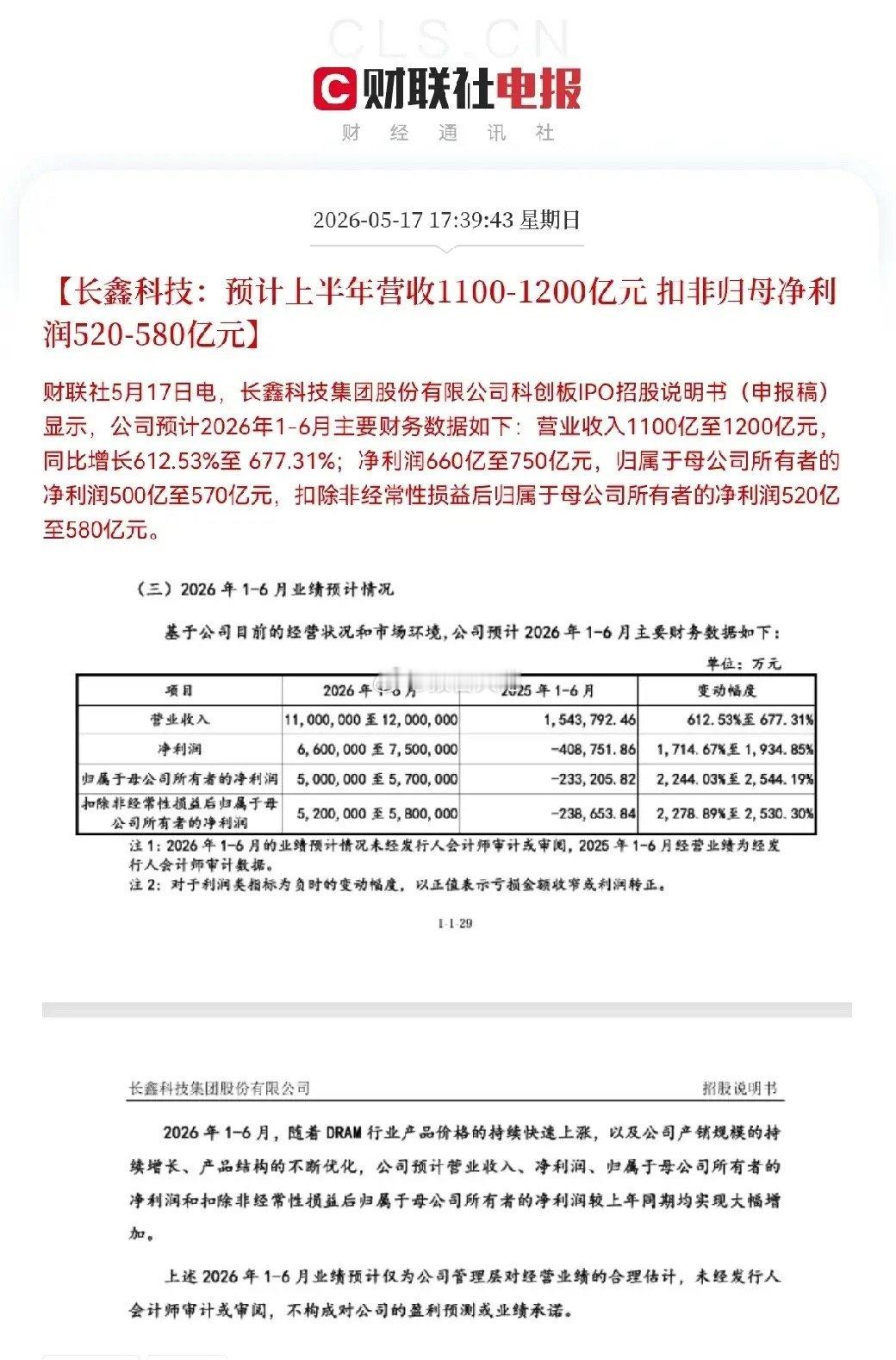 今天下午5点39分，大惊喜来了，国产存储龙头长鑫科技发布了重磅业绩预告，预计上半