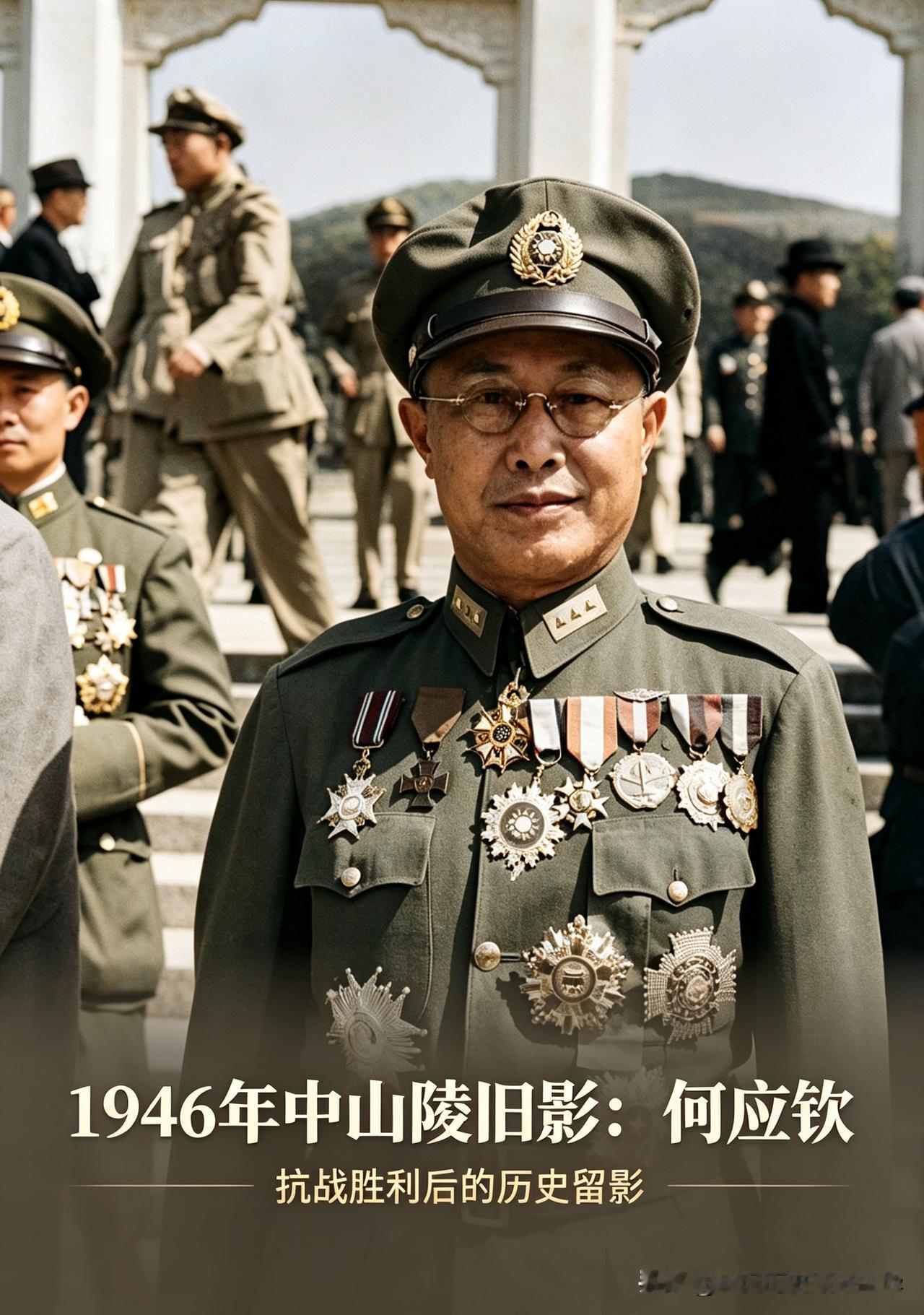 1946年中山陵老照片，满身勋章的何应钦，南京受降的中方代表​这张黑白老照片