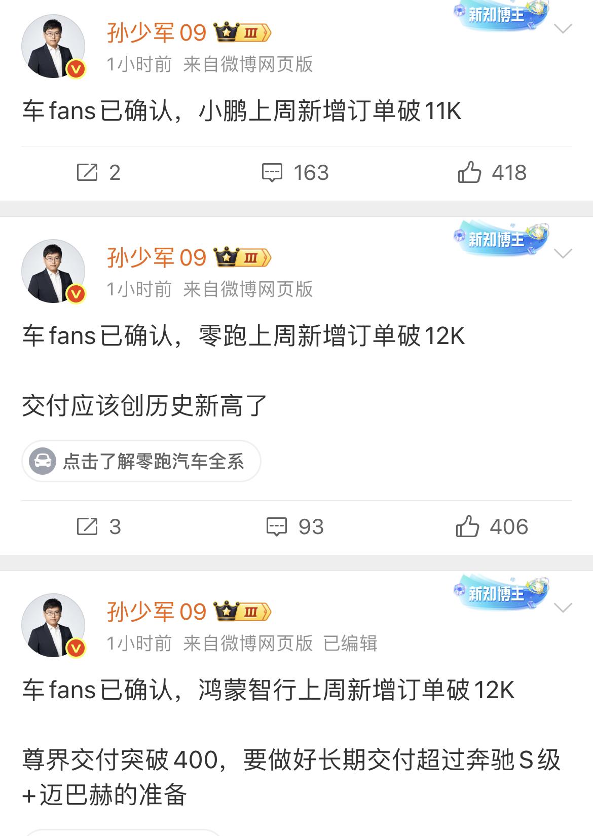 上周部分头部新势力新增订单数据。零跑：12000+鸿蒙智行：12000+，尊