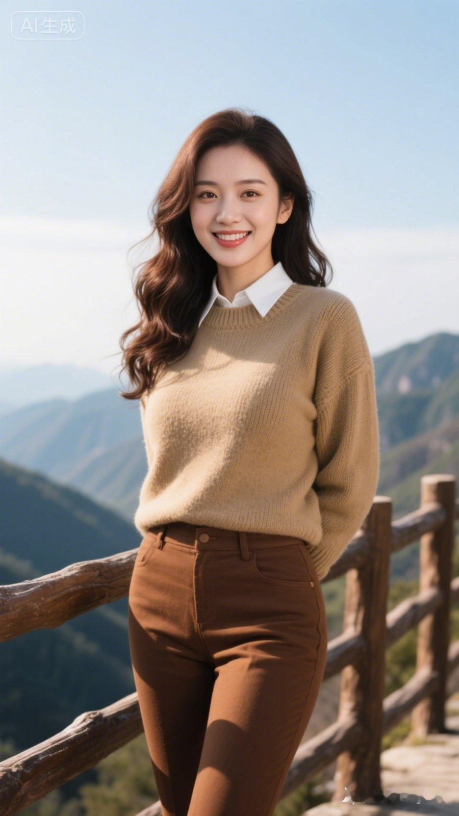 秋日暖阳下的甜美穿搭，温柔笑颜，自然山景作背景，尽显青春活力！🌞💖