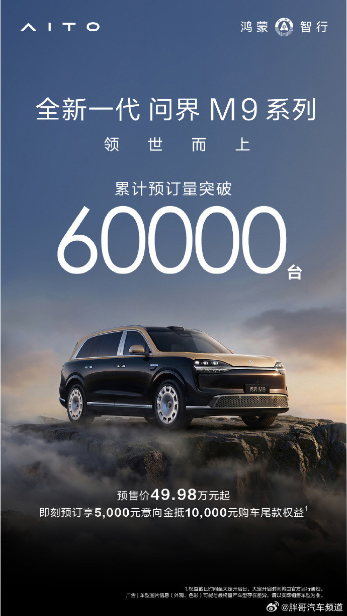 胖哥汽车频道全新一代问界M9系列预订破6万还有两天公布正式价格，看看最终锁单量