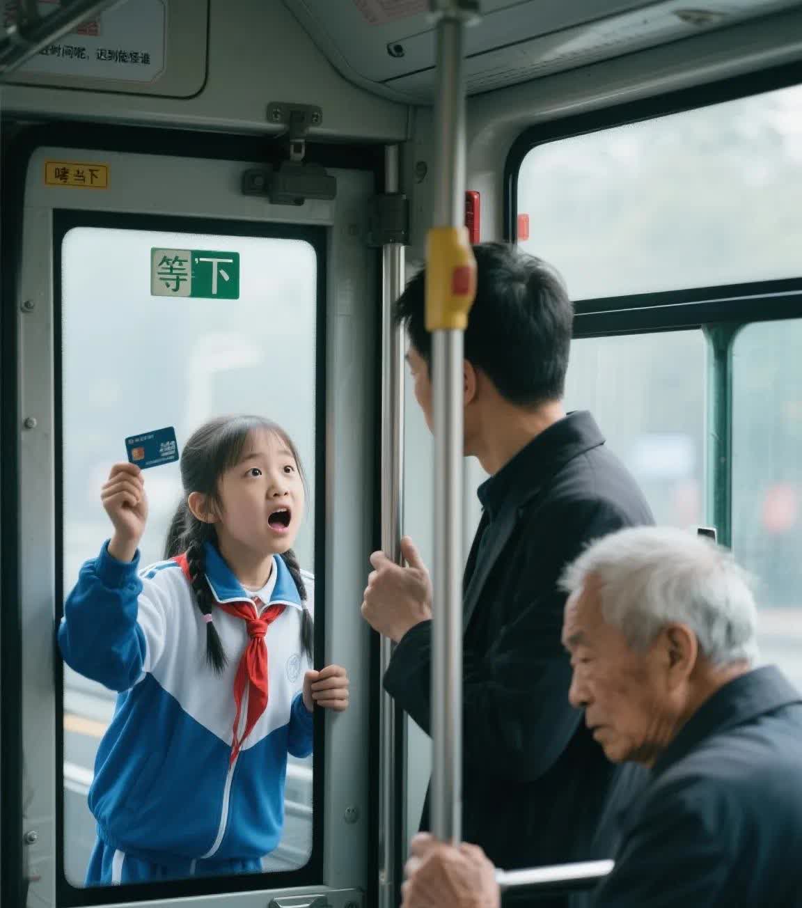 早上赶公交，我刚挤上车门就听见“滴”的一声，回头看见穿校服的小姑娘举着公交卡，可