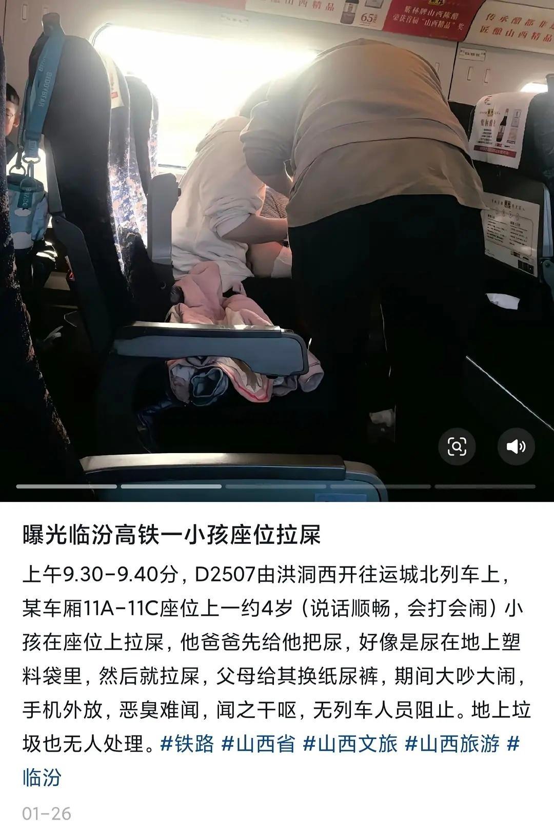 网友吐槽高铁上小孩在座位上拉屎