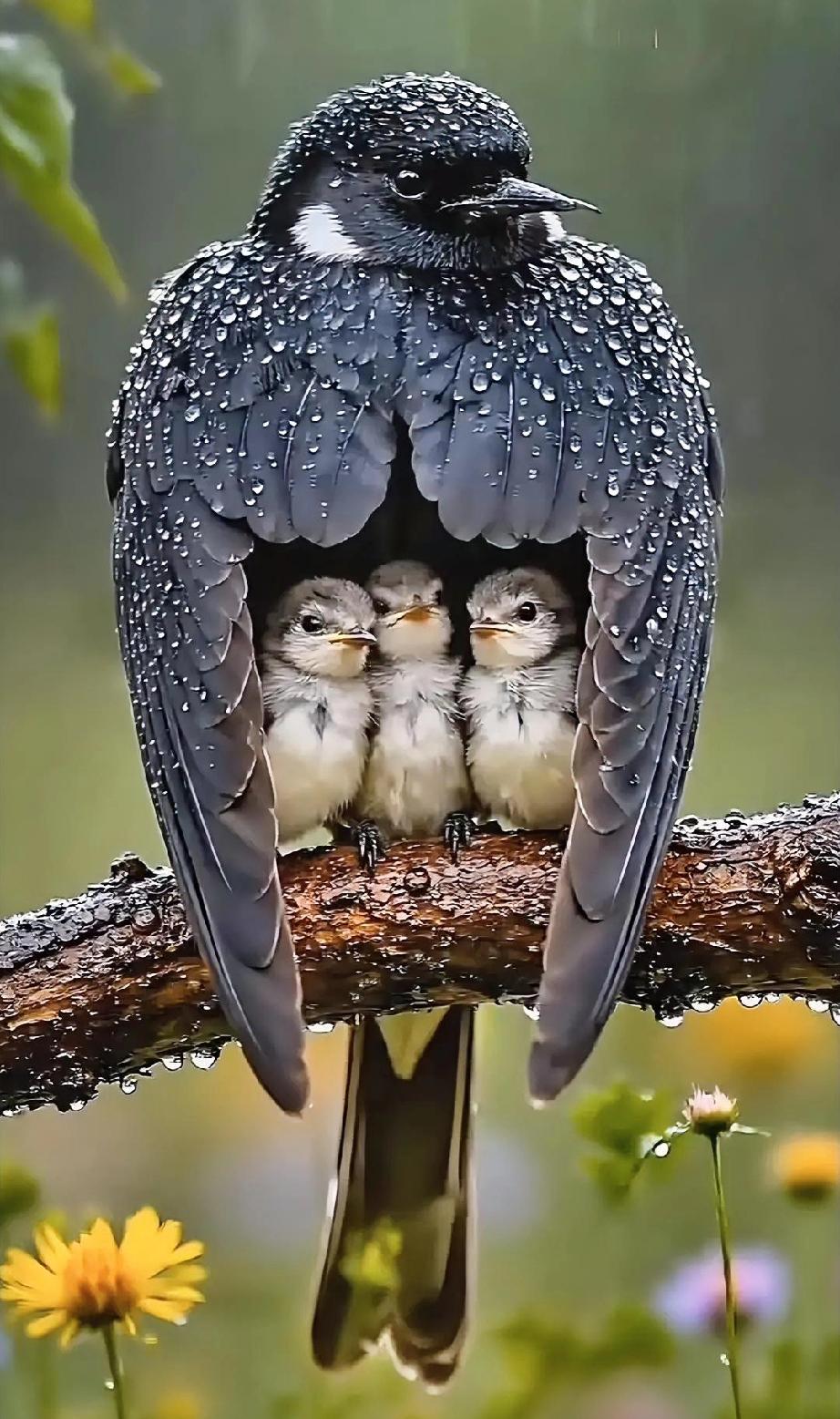 母爱最伟大这张图片相信每个人都为之动容鸟妈妈在大雨淋漓之下还用翅膀紧紧的护