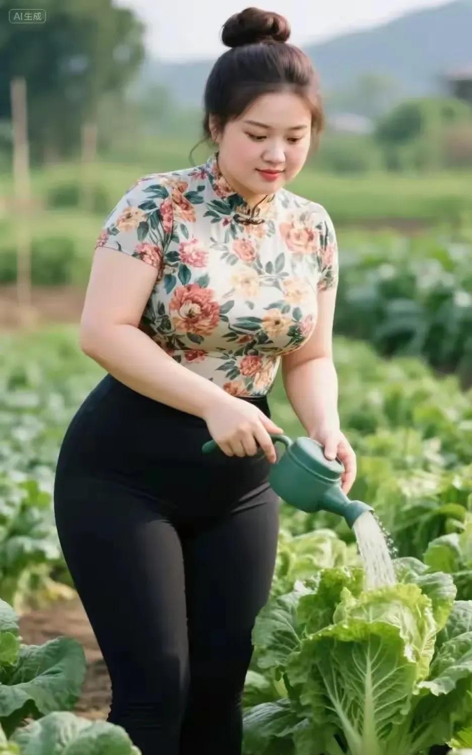 七律·园中仙翠圃葱茏映日鲜，佳人浇菜韵如仙。花衣绽彩香凝露，云髻盘珠意带烟。