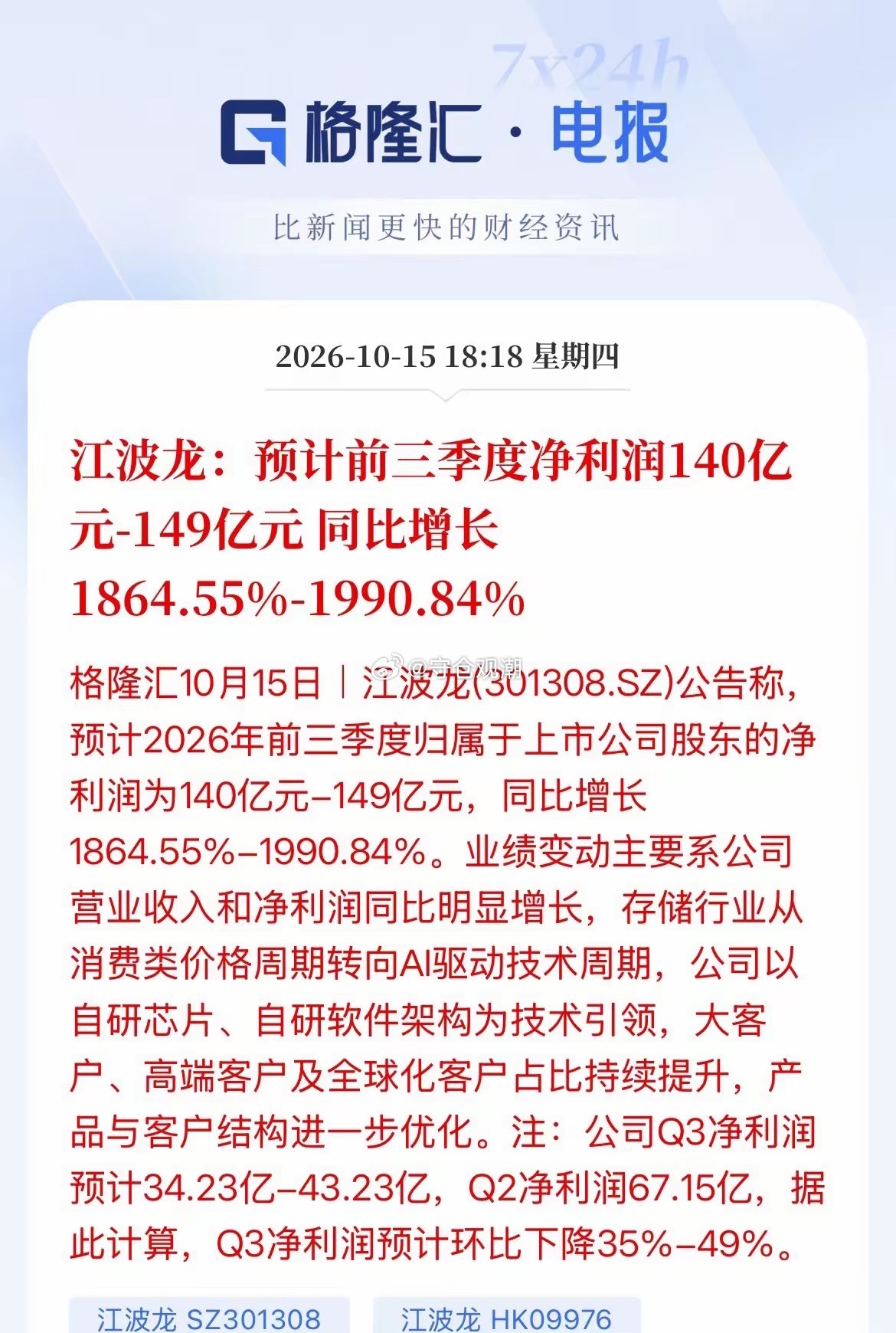 表面数据亮眼，全靠二季度撑场面！江波龙发布业绩预告，前三季度预计净利润140亿元