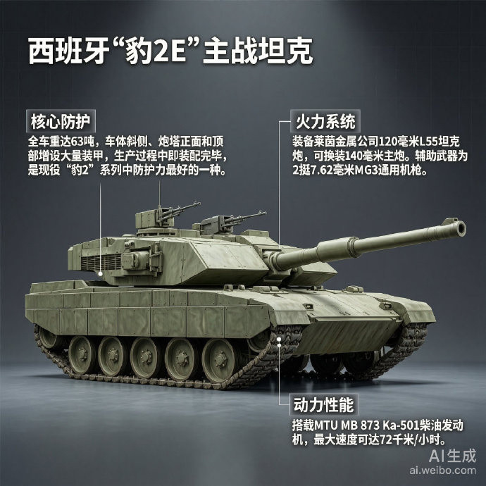 #军事ai新视野#西班牙“豹2E”主战坦克“豹2E”（Leopardo2E）坦克是德国“豹2”主战坦