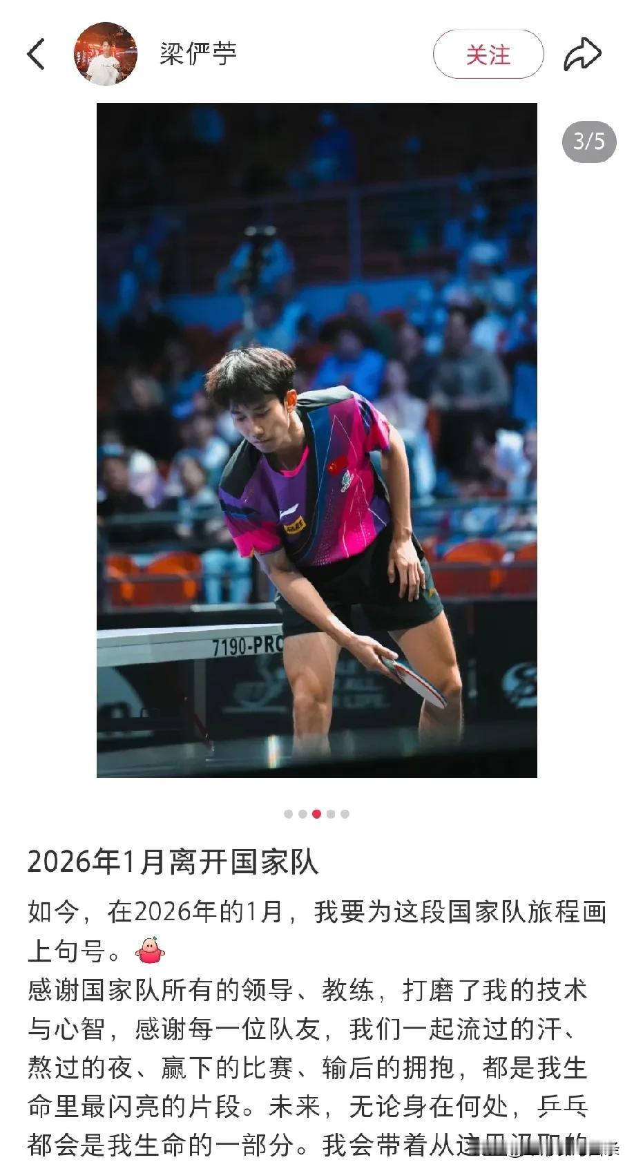 前几天的孙闻，今天的梁俨苧，先后宣布退出国家队。只是关注乒乓球一年多，感觉刚认