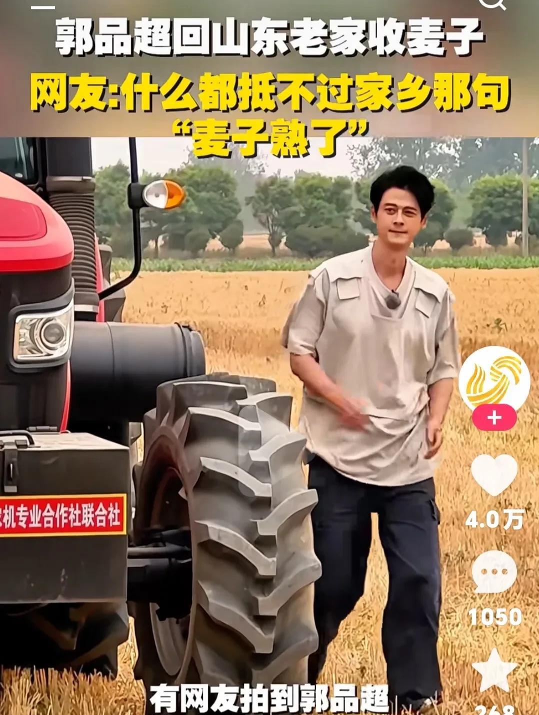 有网友拍到郭品超在山东老家收麦子，太接地气了，40多岁的男人，看起来依然那么帅