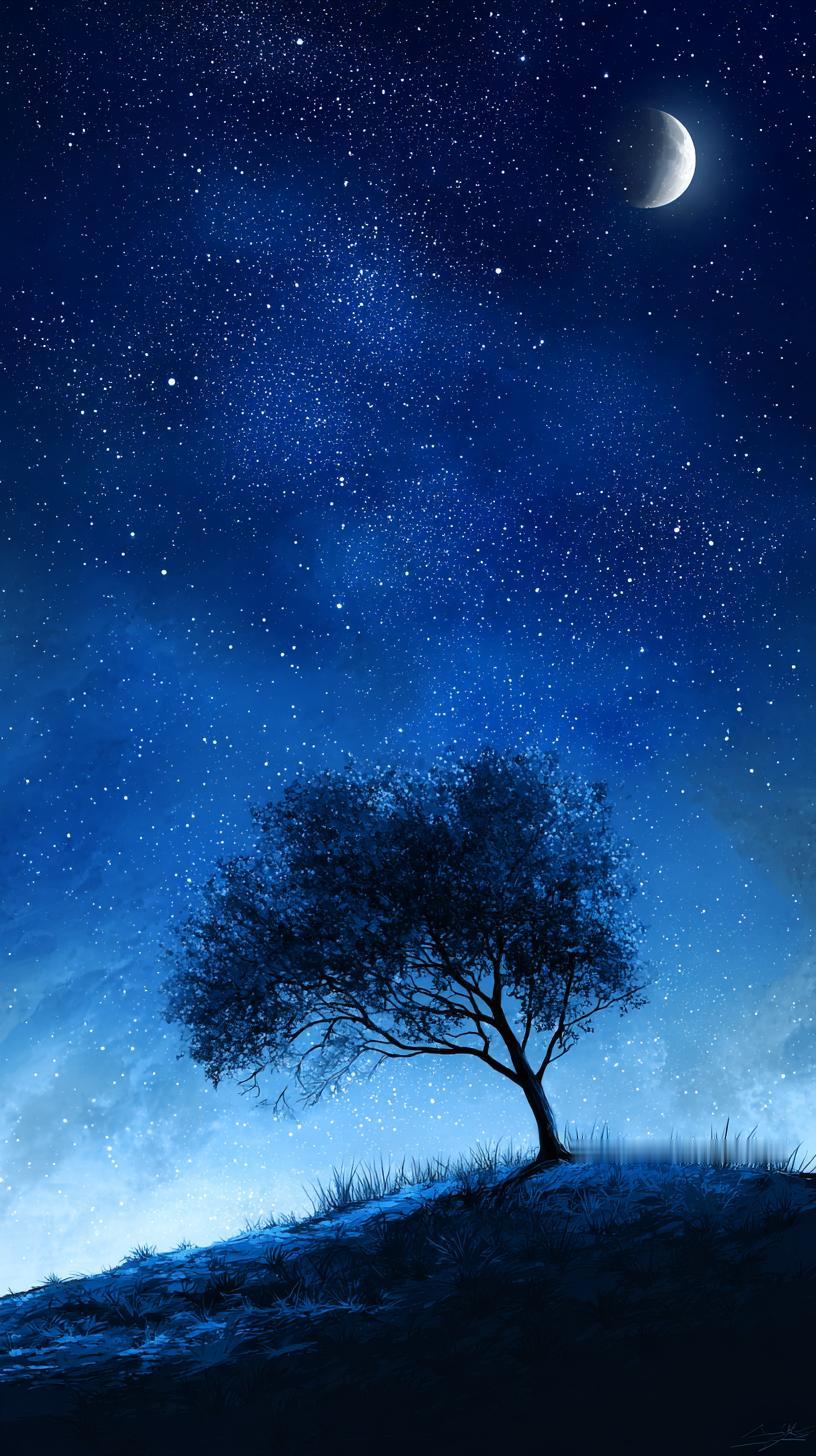 宁静的夜晚，蓝丝绒般的夜空，闪烁的星星，柔和的月光。孤山之上的蓝调树影，正托着半