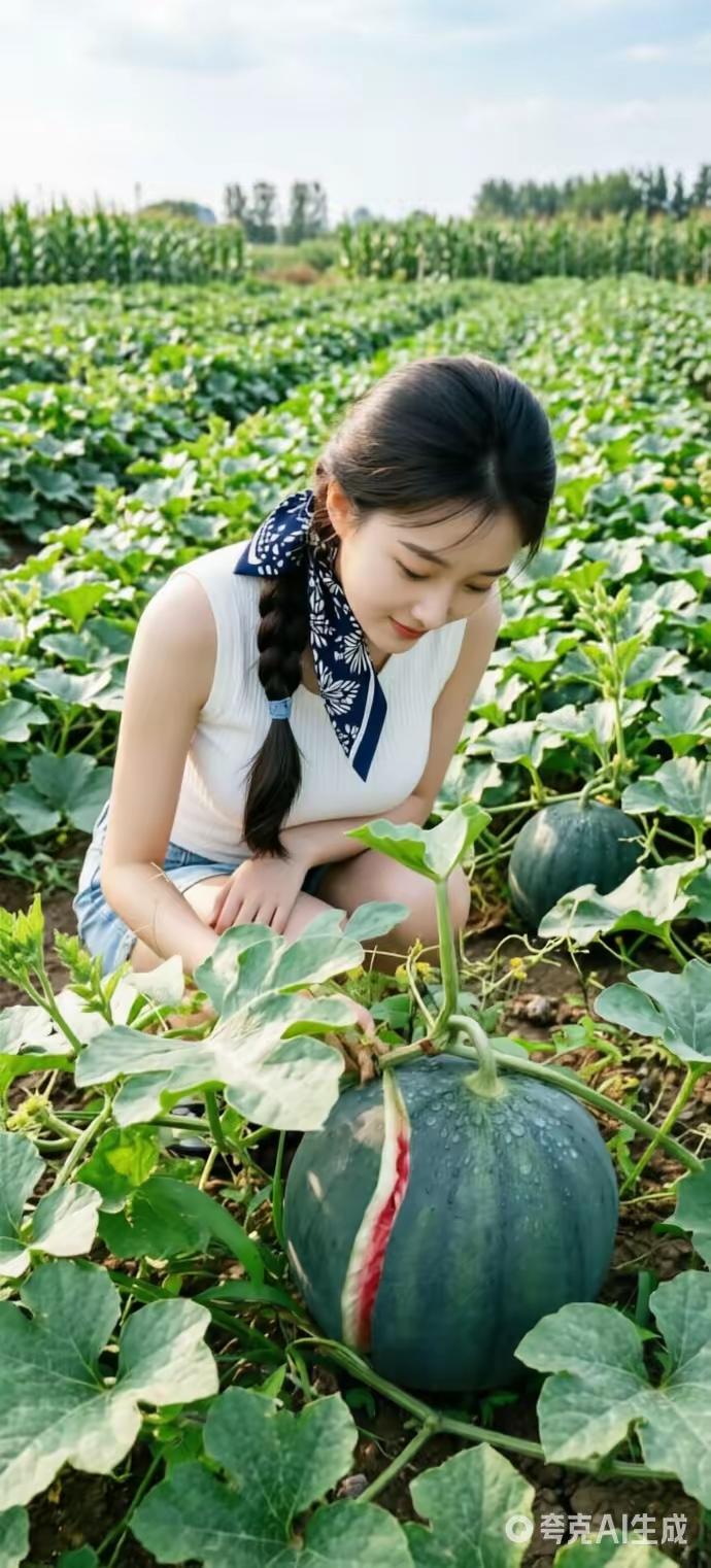 上周在乡下亲戚家的南瓜地里撞见个扎羊角辫的小姑娘，踮着脚扒着藤叶往里面瞅，小短手