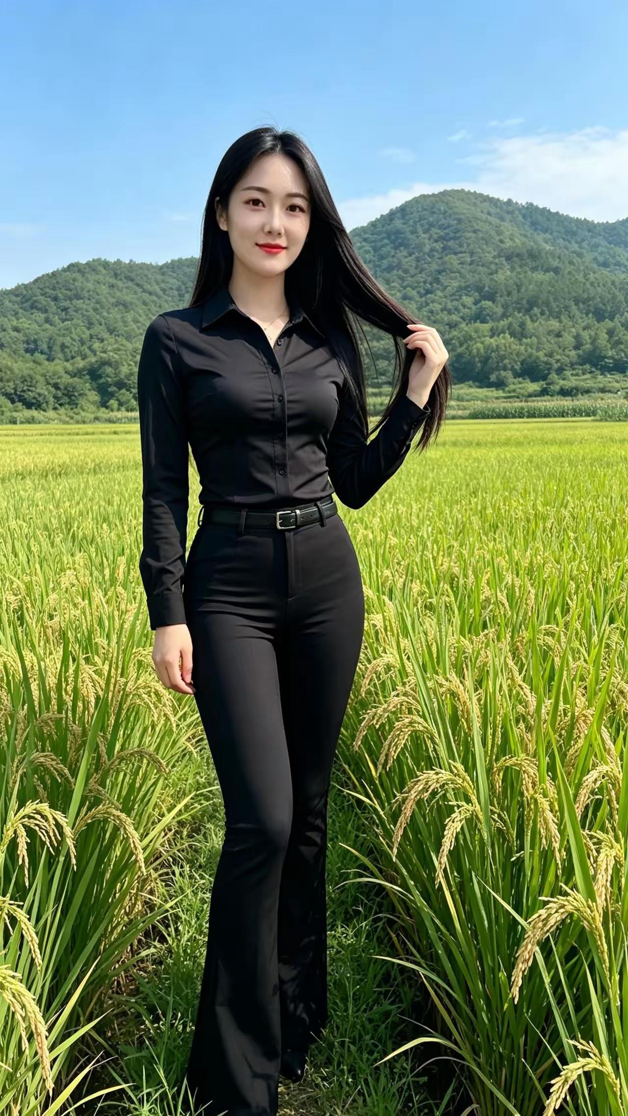 黑衣少女漫步在稻田中，阳光洒下，美不胜收！🌾💃