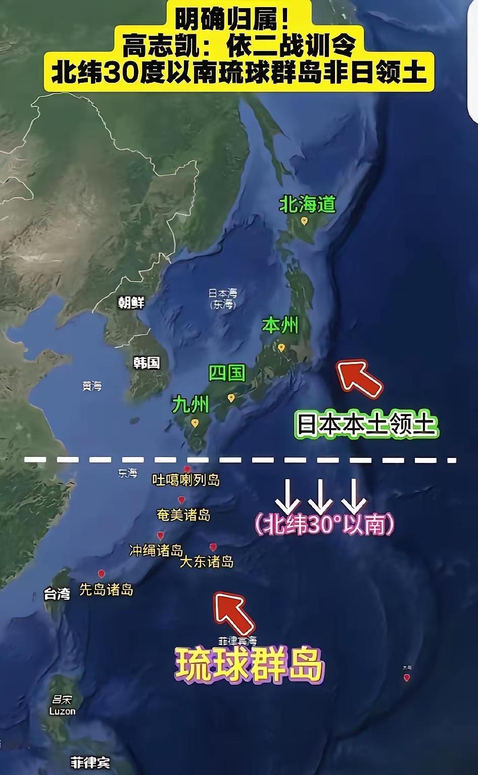 高志凯线又增加一条，按照二战结束后联合国决议，日本领土仅限北纬30度以北的四