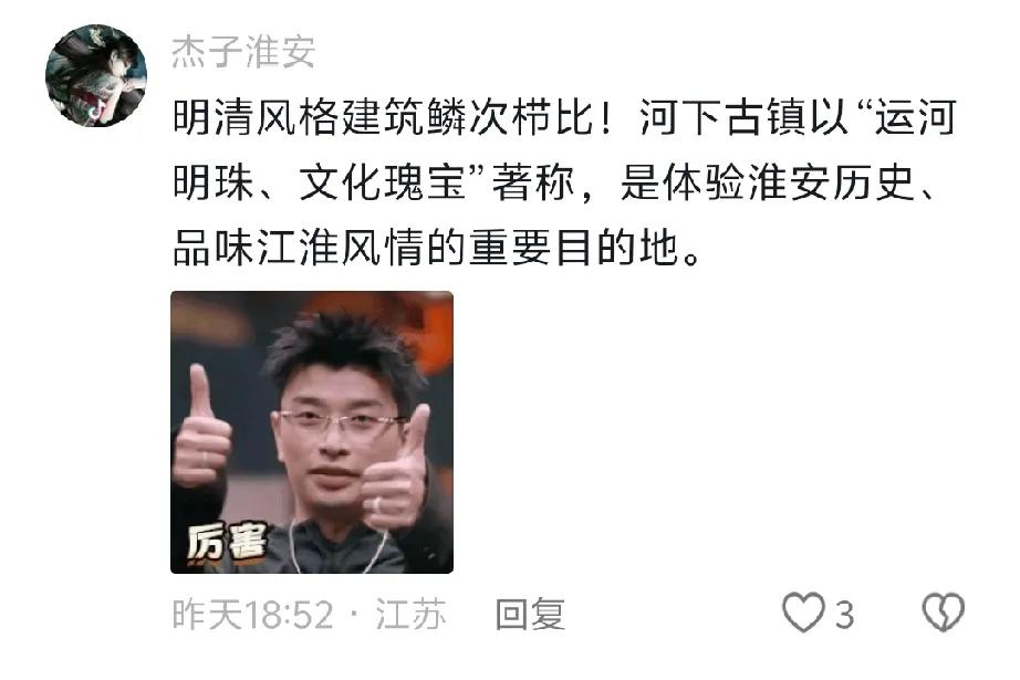 淮安网友可真会贴近，又开始说河下古镇以“运河明珠，文化瑰宝”著称了。就是不知道出