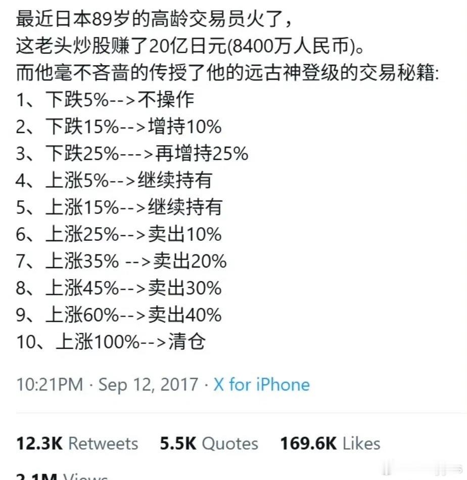 国外一日本89岁高龄交易员的理论最近很火。底下网友评论绝杀：那下跌50%呢？​