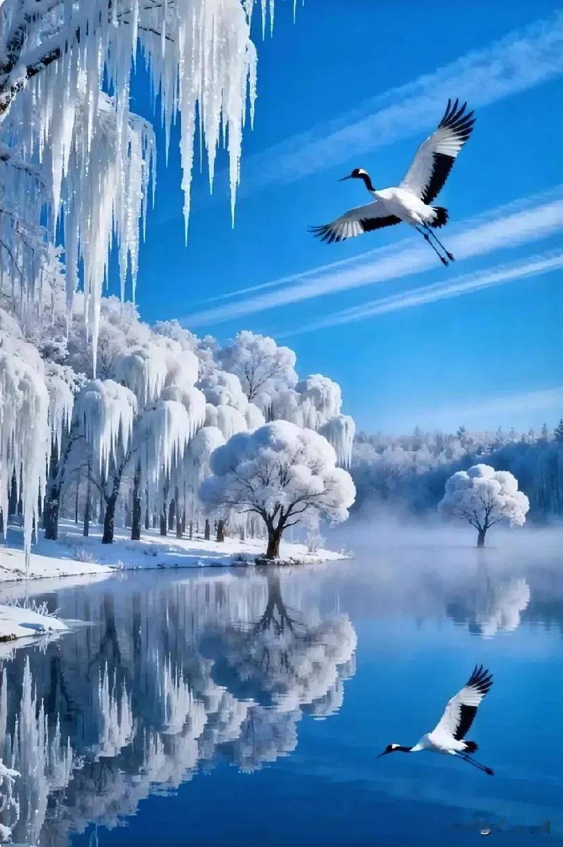 冬日幻景中，白鹤蹁跹起舞，那冰挂似帘幕垂落，仿若踏入了童话之境。湖中仙鹤白鹤云