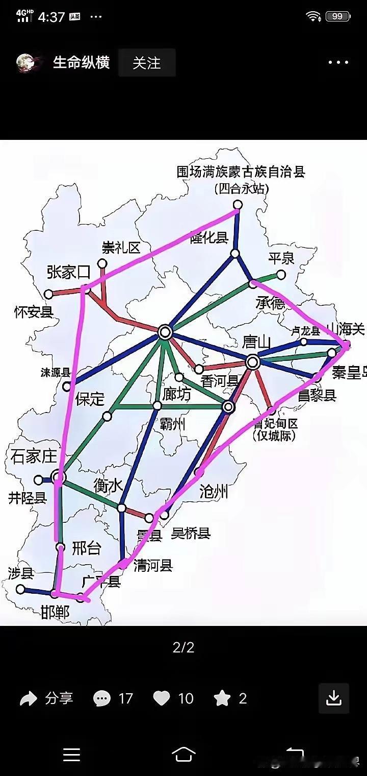 河北的“高铁环线”河北设想的高铁环线是一个不规则的五边线：南线：邯郸广平西