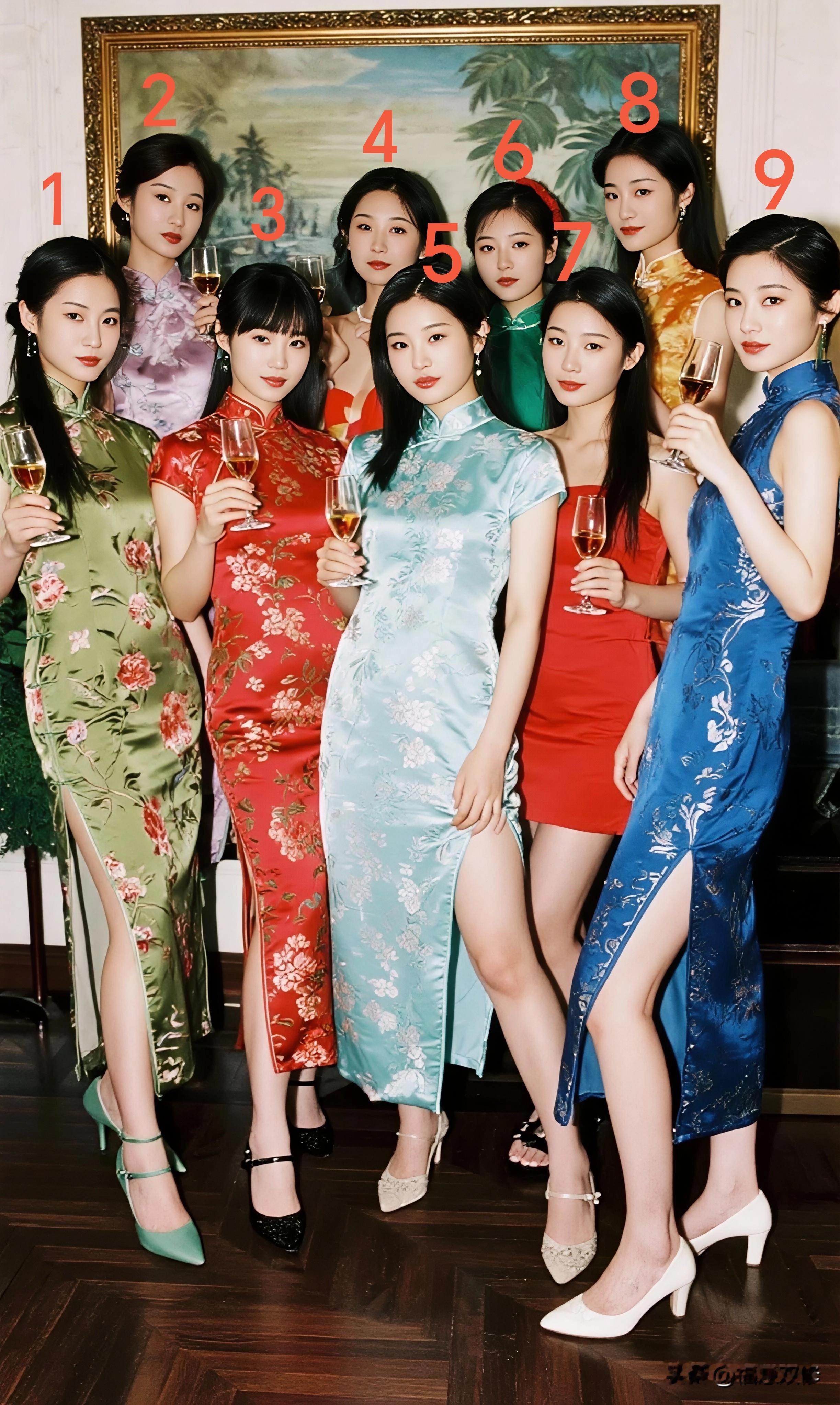 感觉大部分老爷们看到456号美女一眼就得发光！镜头下4号美女红裙露肩...