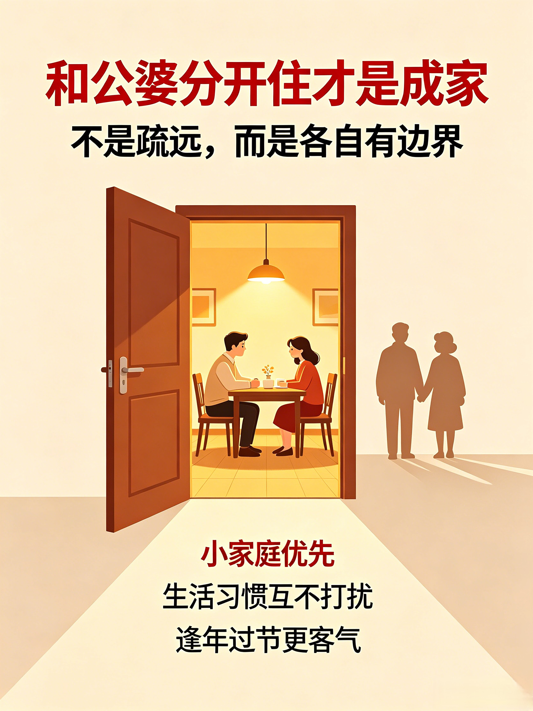 和公婆分开住才是成家别把“结婚”和“搬进对方家”混为一谈。结婚是两个人成立新家庭，不是女方嫁进婆家，