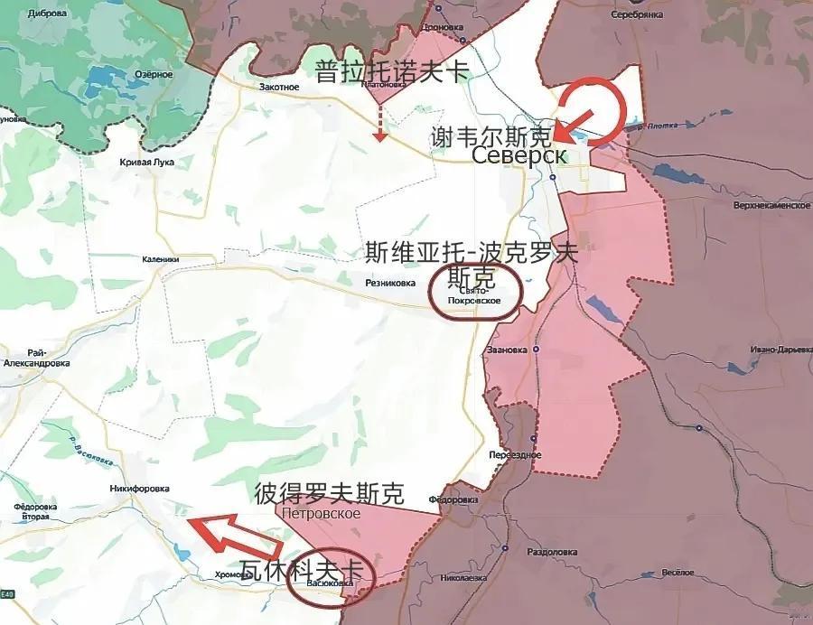 俄军南部集群占领顿涅茨克北部的瓦休科夫卡。现在，俄军在谢韦尔斯克以南向斯拉维扬斯