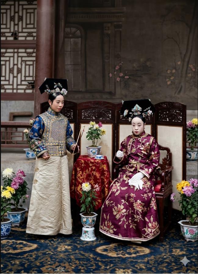 清末，醇亲王府，照片中右侧端坐的是溥仪的生母瓜尔佳·幼兰，一身华贵满绣旗装，眉眼