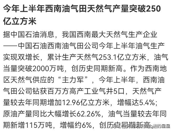 💥刚刚！中国石油扔出"王炸"！西南油气田半年狂产250亿立方天然气，原油暴增