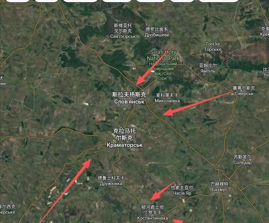 俄军在从北到南的千里战线上与乌军多点激战，但俄军的战略目的下图看的很清楚。从下