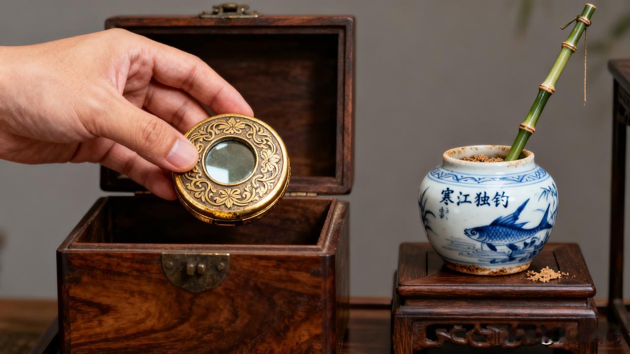 老物件老情怀有谁认识这个?铜鎏金胭脂盒和青花鸟食罐。