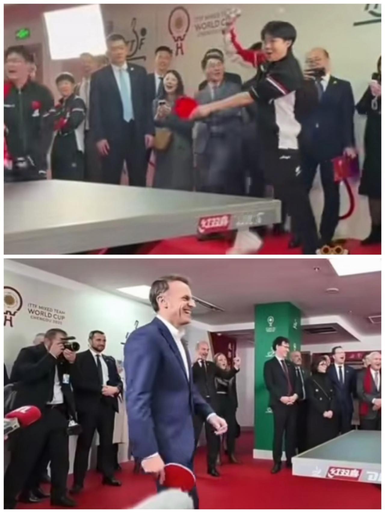 王楚钦把马克龙逗到笑得合不拢嘴啦！王楚钦就是气氛担当天花板啊！他一个超有喜感