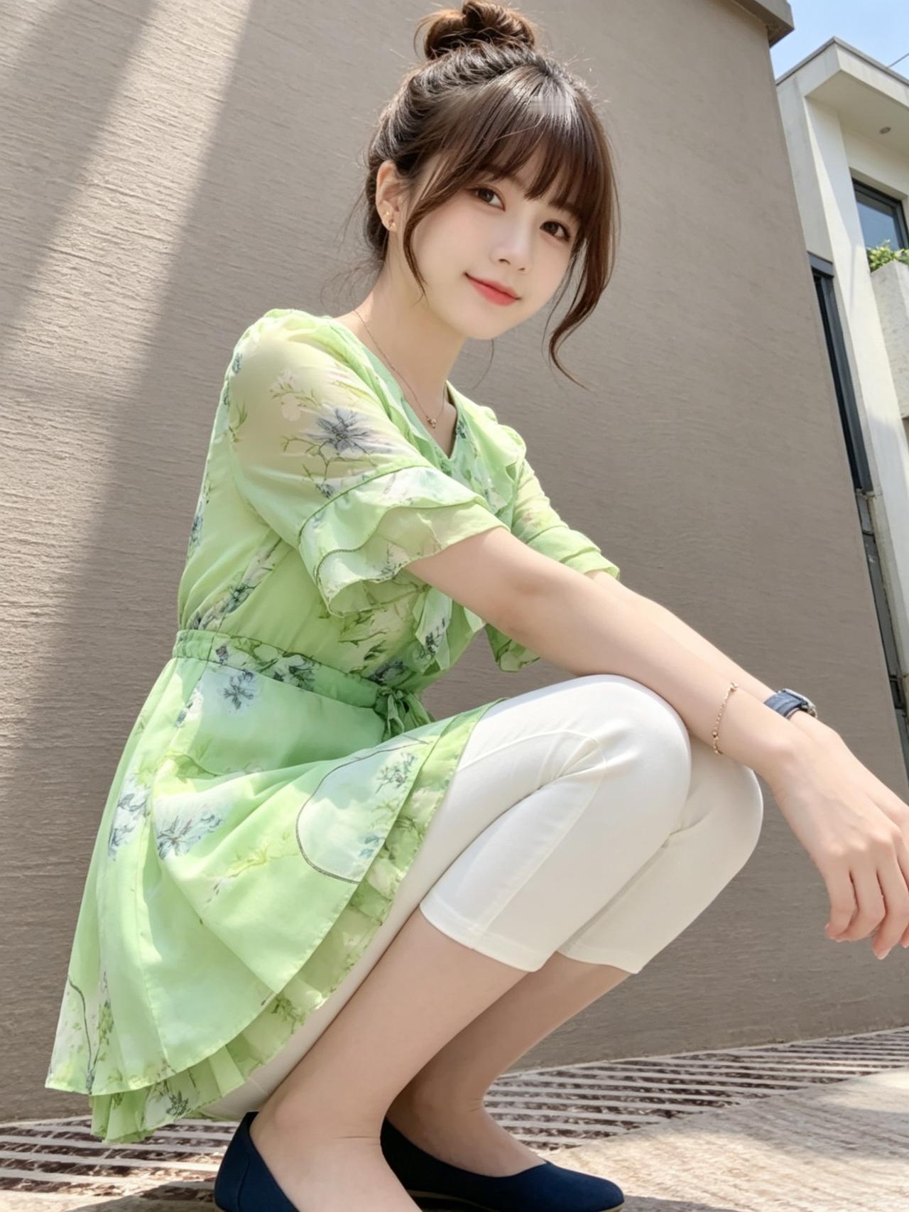 清新夏日穿搭，浅绿色连衣裙搭配白色裤子，简约优雅！🌿👗👠分享美女穿搭服饰