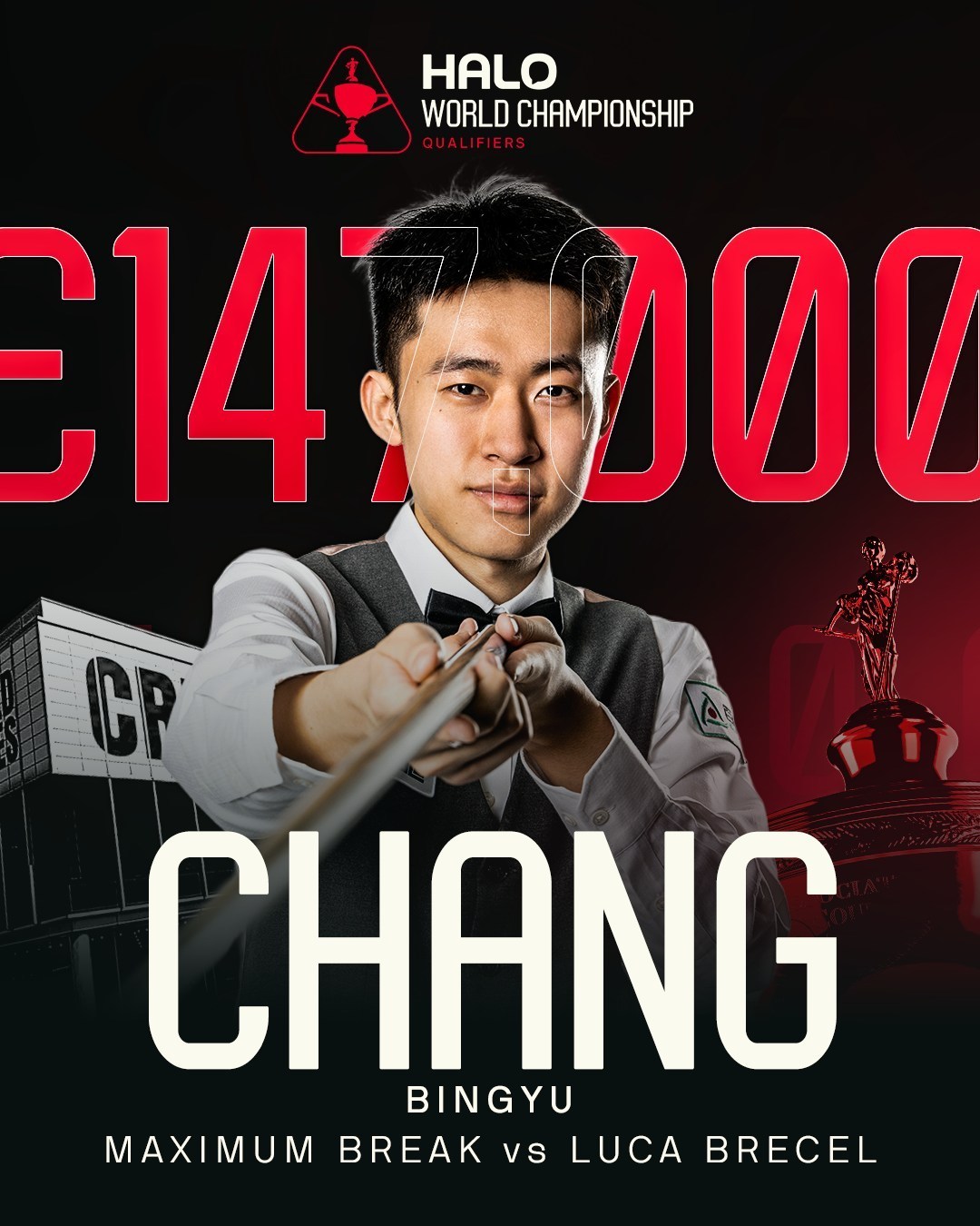 中国斯诺克选手常冰玉在2026斯诺克世锦赛资格赛中打出147满分杆，加上之前在