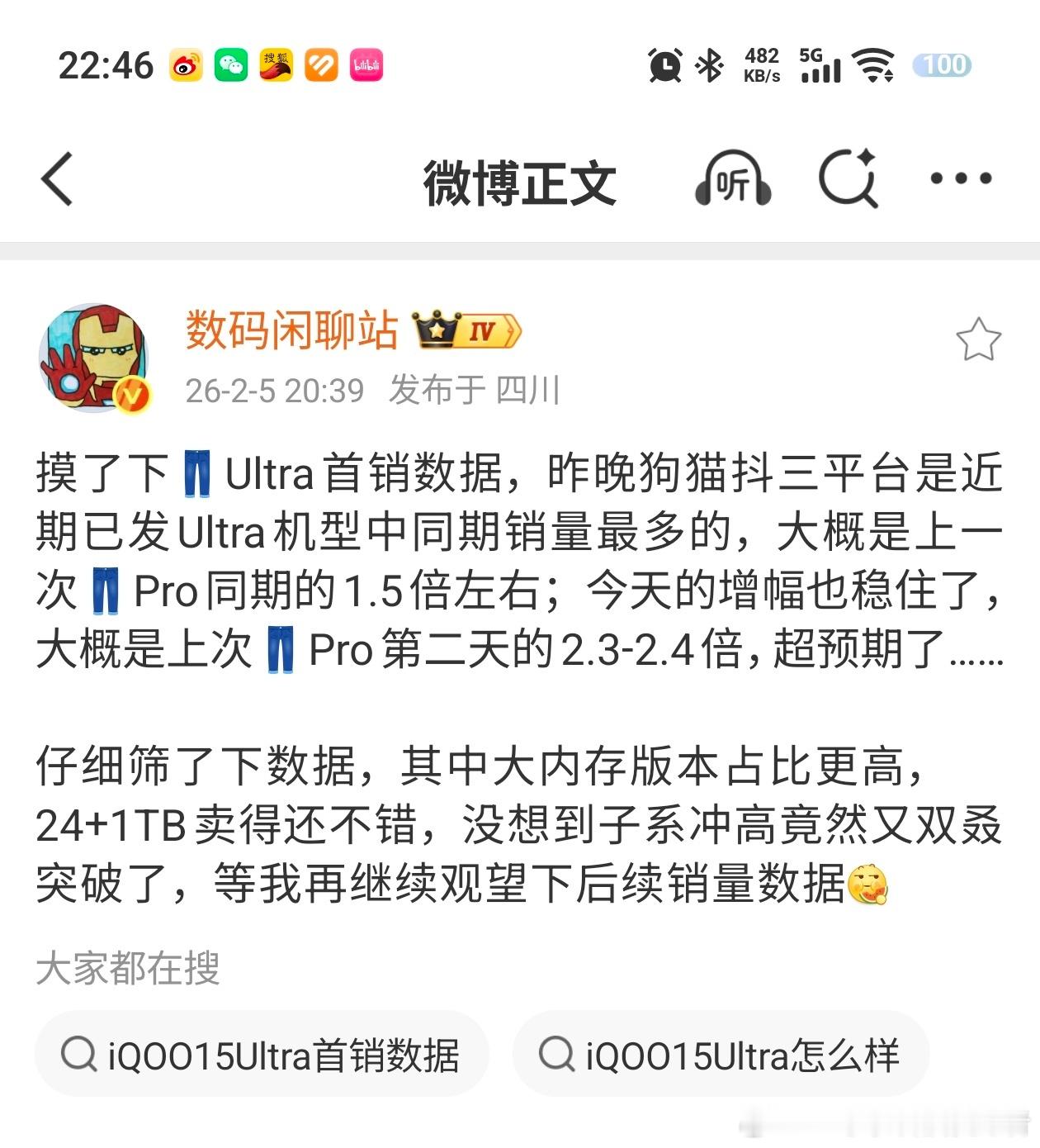 iQOO15Ultra首销成绩挺好的，发布后网络上舆论很多，但花真金白银支持的