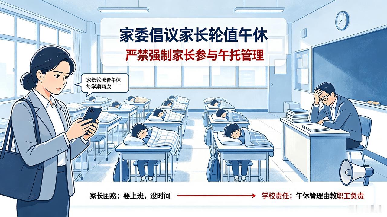 广东珠海，一学校的家委在家长群提议，让家长轮流去学校看管孩子午休，每人一学期起码