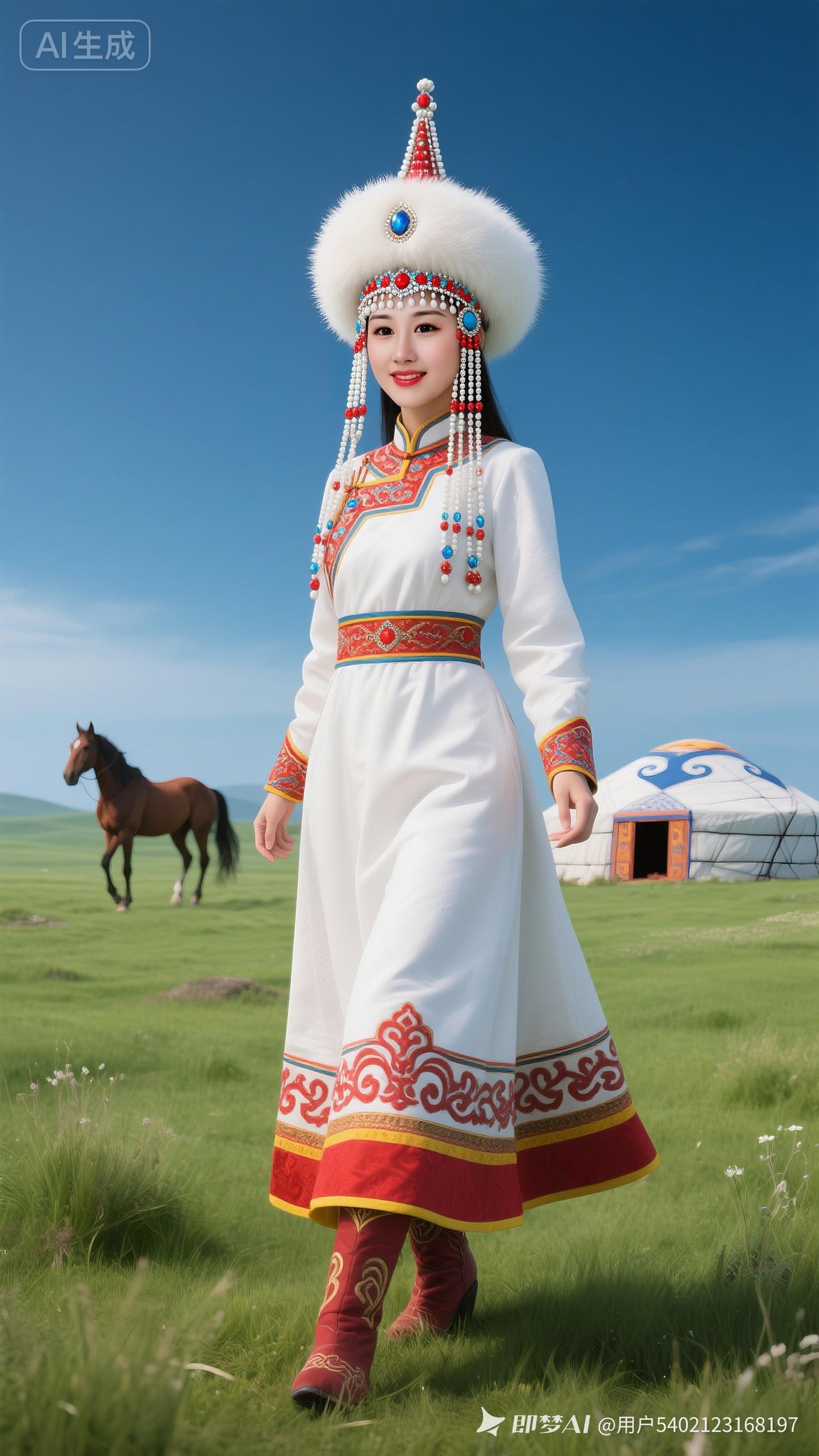 草原上的美丽姑娘，身着传统服饰，背景是广阔的草原和蒙古包。