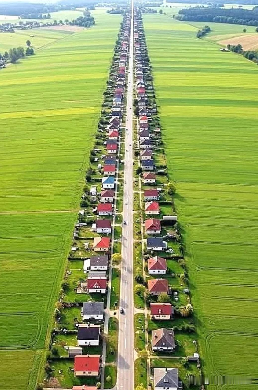 这样的农村你见过么？在广袤翠绿的田野间，一条公路如银线般延伸向远方，两侧错落着