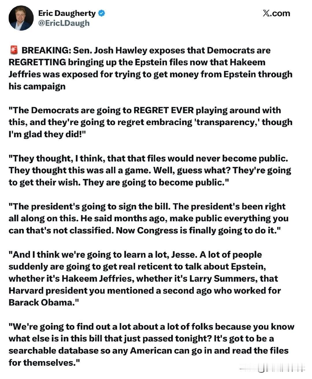 突发：参议员JoshHawley揭露，民主党人现在后悔提起Epstein