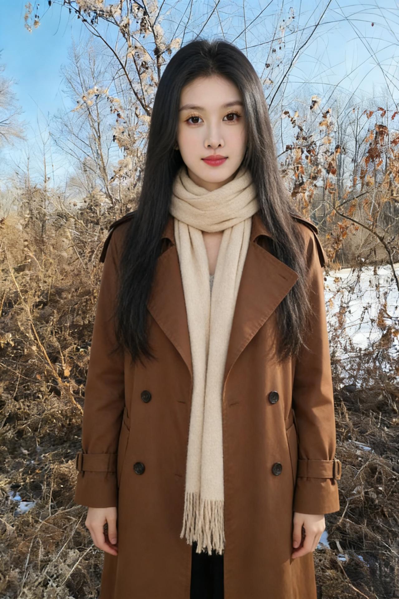 风衣虽薄能御寒，裙袂飘摇意自安。残雪沾衣荒径侧，疏枝映影野林端。眸凝晓日澄波