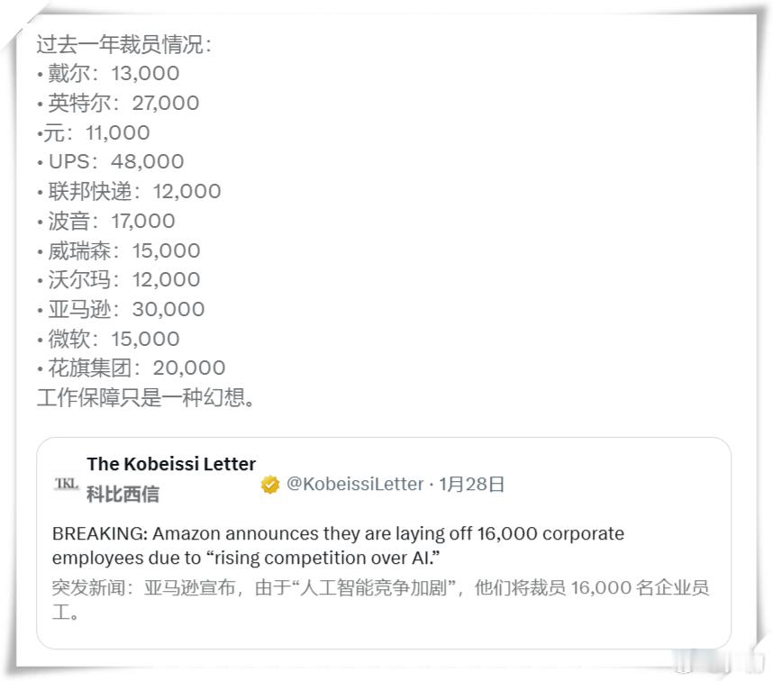 亚马逊宣布，由于“人工智能竞争加剧”，他们将裁员16,000名企业员工。《美