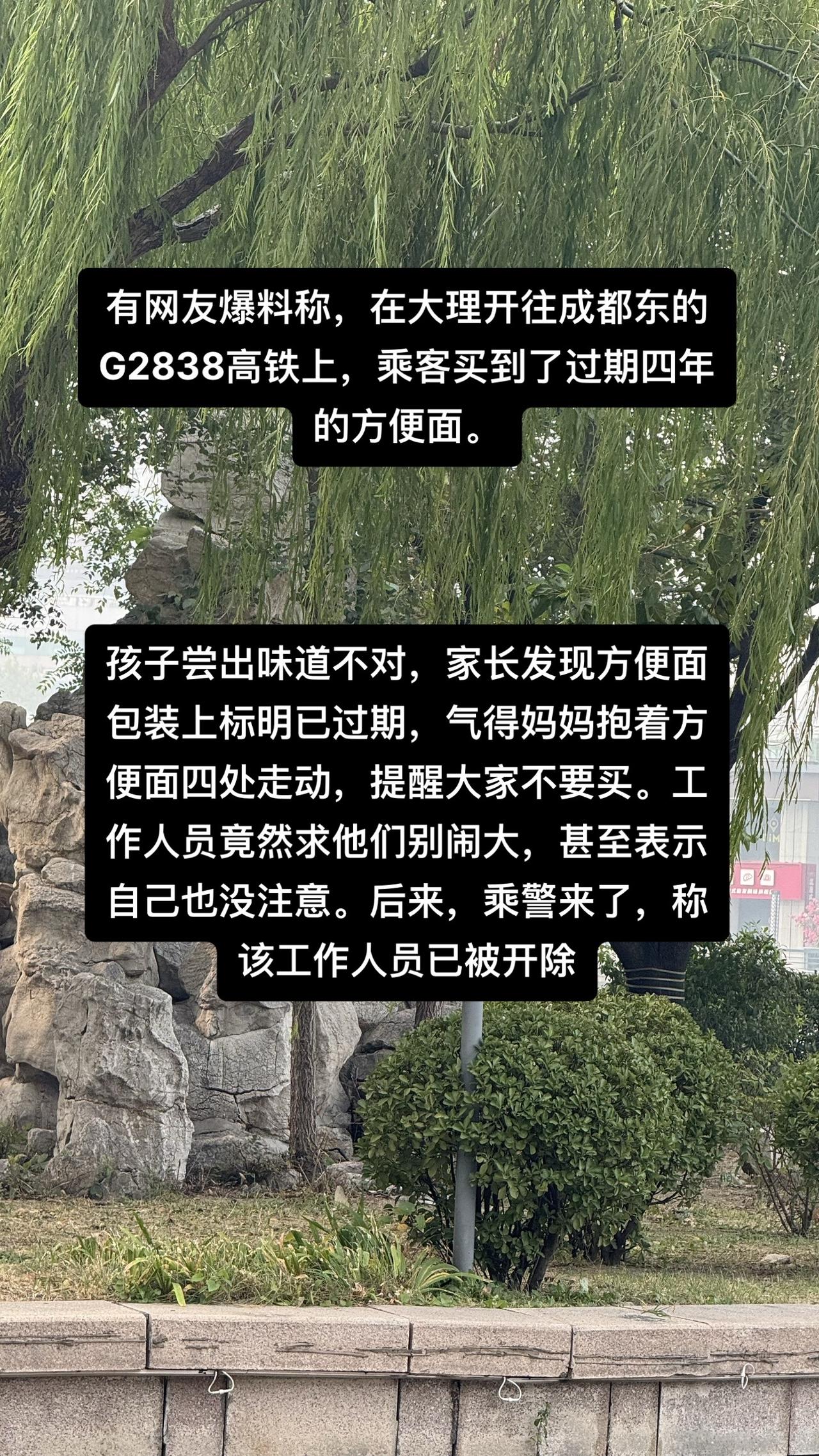 有网友爆料称，在大理开往成都东的G2838高铁上，乘客买到了过期四年的方便面。孩