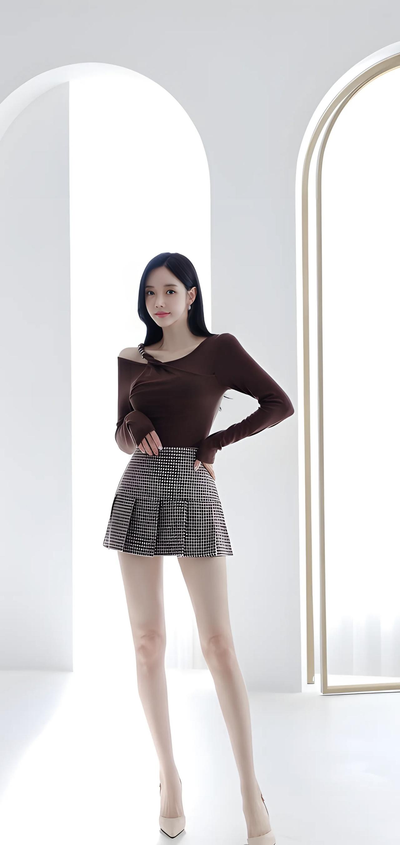 优雅气质穿搭，黑白格纹短裙搭配棕色上衣，完美展现时尚感！