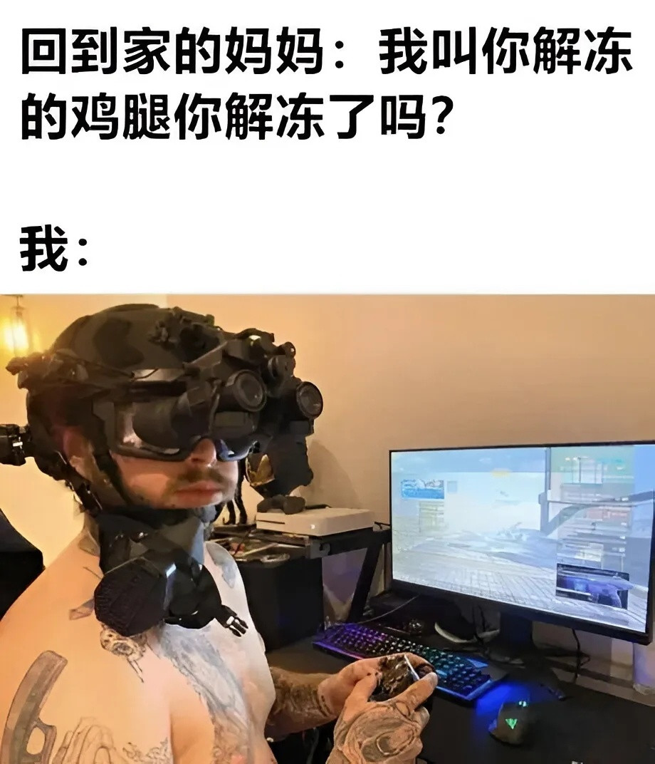 “我叫你解冻的鸡腿你解冻了吗？”“在冰箱里啊，我已经叫姐冻了”meme/