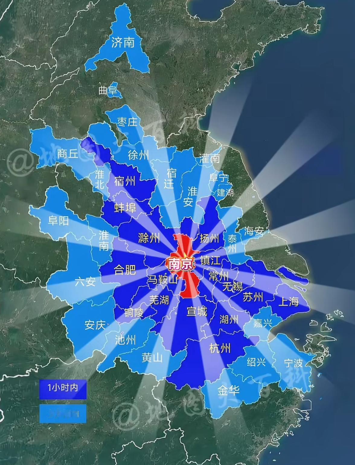 南京出发两小时内高铁可通达城市分布，不得不说江浙沪高铁网络确实发达，而且南京的位